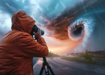 Storm chaser photographing a tornado from the side of the road. - Possibile cambiamento del tempo autunnale mite e piovoso, ecco quando