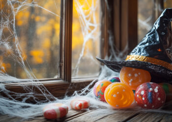 halloween candy lollipop and pumpkin in front of door table trick or treat jack o lantern background - Meteo weekend: un nuovo vortice depressionario potrebbe portare altra pioggia