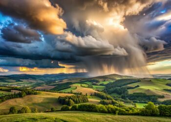 Landscape with rain and dramatic storm clouds over hills - Meteo: neve prevista a quote interessanti all’inizio di novembre