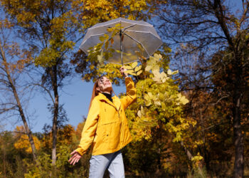 an emotional woman with autumn leaves and a transparent umbrella in front of yellow leaves in bright weather - Meteo Italia: fine definitiva delle piogge, arriva il caldo anomalo