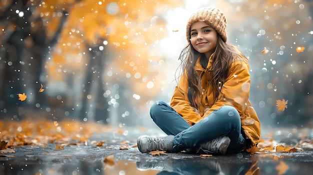 una ragazzina che indossa una giacca gialla e un cappello maglia si siede su un sentiero bagnato una foresta circondata da foglie cadenti e da un sfondo sfocato di fogliame autunnale 28897 4457 1 - Meteo da novembre a marzo, arriva La Niña: avremo un inverno rigido?