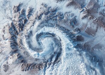 A snapshot of a snowcovered wilderness taken from a satellites viewpoint with a mesmerizing vortex at its center that seems to be spinning the entire storm into place - Meteo, attenzione: la neve potrebbe sorprendere queste città centrali