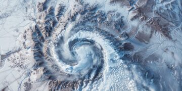 A snapshot of a snowcovered wilderness taken from a satellites viewpoint with a mesmerizing vortex at its center that seems to be spinning the entire storm into place - DIRETTA METEO, News Meteo, Previsioni Meteo, Viaggi