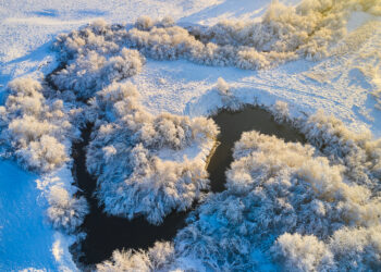 Winter landscape on a frosty day with frost on trees and a river - Meteo, alta pressione mostruosa, ma il freddo è dietro l’angolo