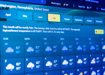 Weather forecast interface on a digital screen display showing hot weather for the July.Temperature is displayed in USA,North America area in Fahrenheit.Selective focus.Telsiai,Lithuania.04-05-2023. - Ecco la data che segna la fine dell’anticiclone meteorologico