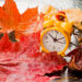 retro yellow clock and yellow autumn leaves on a black background, concept, fall, falling, as the substrate, flat lay - La quiete meteorologica prima di un colpo invernale